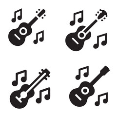 Naklejka premium Four guitar icons with musical notes around them in a square format.
