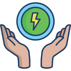 Open Hands Cupping A Green Circle With A Yellow Lightning Bolt Symbol Above Representing Energy Protection And Conservation In A Clean Minimalist Style