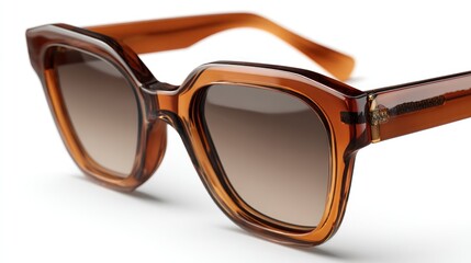 A close-up shot presents stylish, oversized sunglasses in a warm brown hue. The lenses gradient from dark at the top to light