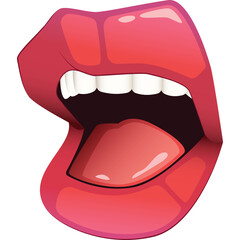 Open Mouth Lips with Tongue Showing Glossy Pink Hue and White Teeth Against a Transparent Background