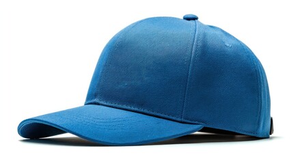 Fototapeta premium A vibrant blue baseball cap, angled slightly to the side, isolated on a clean white background, showcasing its shape and details
