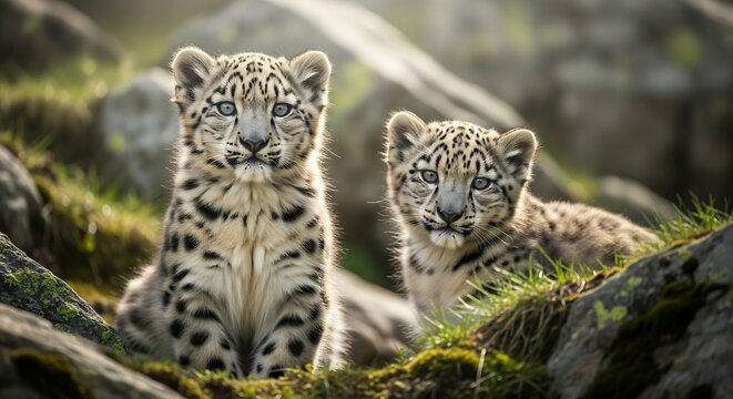 Two snow leopard cubs sitting among rocks, looking attentively