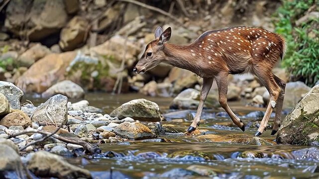 Young deer in stream