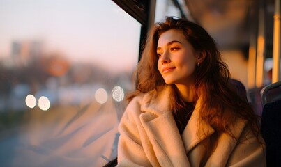 a young woman sitting on a bus during sunset