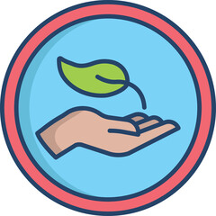 Open Palm Hand Gently Holding A Small Green Leaf Sprout Symbolizing Growth And Nature Conservation Inside A Blue Circle With Red Border