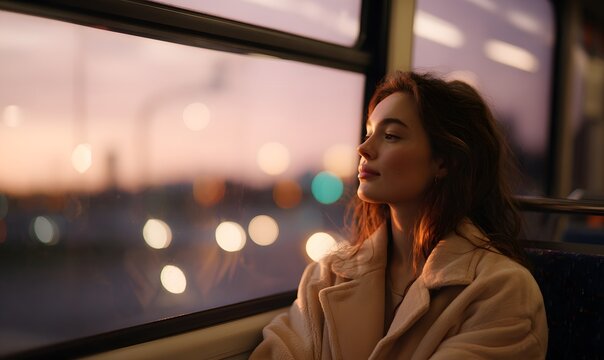 a young woman sitting on a bus during sunset