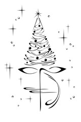 Stylized elegant Christmas tree with an abstract decorative element on a starry background with falling snow