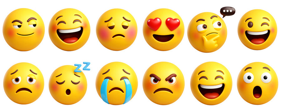 3D emoji icon set. Collection of yellow emoticons with various facial expressions including happy, sad, angry, love, and sleep. Social media reaction symbols isolated on a transparent background. png