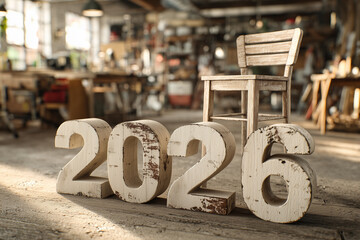 Distressed white wooden numbers 2026 standing on workbench with chair