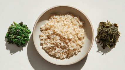 Brown rice with leafy greens and herbs in ceramic bowl