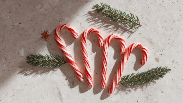 Christmas candy canes and pine branches arranged in heart shape - Powered by Adobe