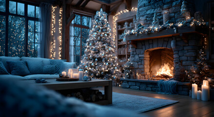 Naklejka premium interior christmas. magic glowing tree, fireplace, gifts .