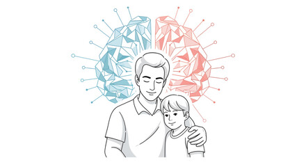 Show your love and understanding with this heartwarming image of a father embracing his daughter while their minds meet in a colorful, geometric display