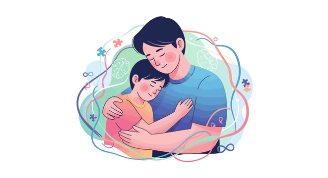 Loving father embracing child with autism spectrum disorder in supportive hug, symbolizing love, awareness, and acceptance for diverse abilities