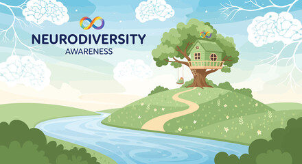 Promote neurodiversity awareness with this charming landscape featuring a treehouse and river, advocating for inclusion and celebration of diverse minds