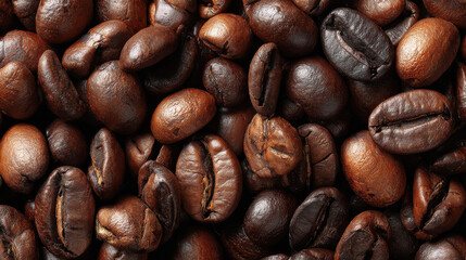 Fototapeta premium Top-Down View of Lots of Roasting Coffee Beans in Rich Brown Tones with Detailed Texture