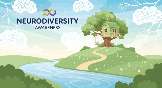 Promote neurodiversity awareness with this charming landscape featuring a treehouse and river, advocating for inclusion and celebration of diverse minds