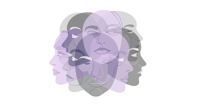 Meditative faces create a serene abstract portrait, perfect for mindfulness themes, wellness brands, and artistic projects seeking gentle introspection