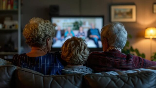 In a cozy living room, three elderly individuals share a warm moment together as they watch television. The captures the essence of shared experiences and the power of connection.