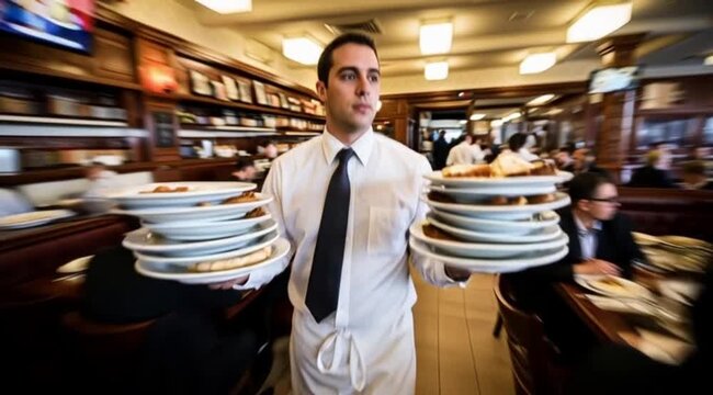 Waiter carrying plates in busy restaurant