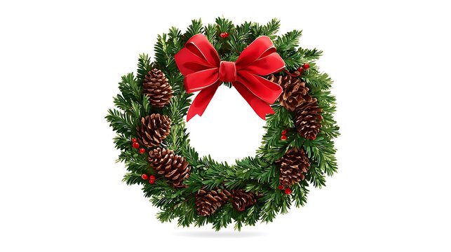 A christmas wreath with pine cones and a red bow on a white background in a festive decoration