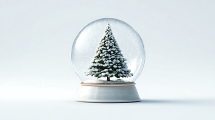 A snow globe with a christmas tree inside on a white background in a studio shot for the holidays