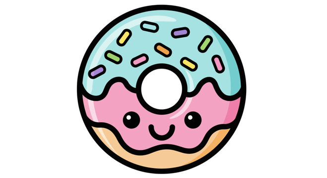 Cute cartoon donut illustration with blue frosting, colorful sprinkles, and a happy smiling face. - Powered by Adobe