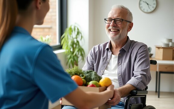 Side view portrait of smiling senior man in wheelchair looking at female nurse bringing groceries, assistance and food delivery concept. High quality