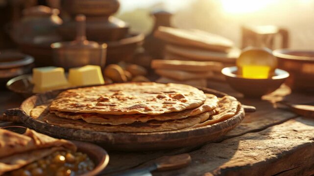 Close-up view of deliciously grilled pita bread being prepared in an outdoor kitchen setting.