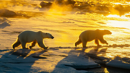 Polar bears crossing a frozen tundra in golden hour sunlight 32k, full ultra hd, high resolution