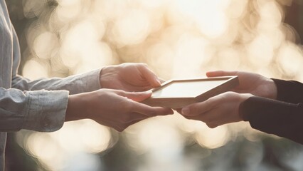 Hands exchanging smartphone with warm background light