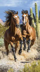 Powerful desert stallions charge and collide near cacti 32k, full ultra hd, high resolution