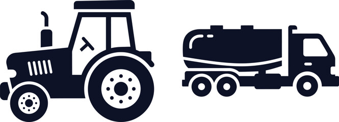Tractor and Tanker Truck Icons on White Background Keywords: tractor, farm vehicle, agriculture, farming, vehicle, icon, symbol