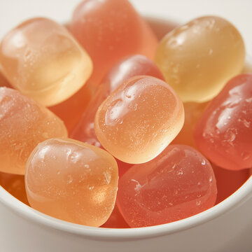 Macro close-up of pastel colored vitamin gummies with dew drops in white bowl
