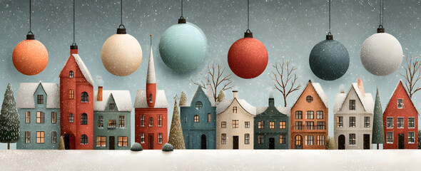 Christmas poster and greeting cards in retro Scandinavian style. Christmas balls in pastel colors, winter landscape and cosy houses and more. merry christmas illustration