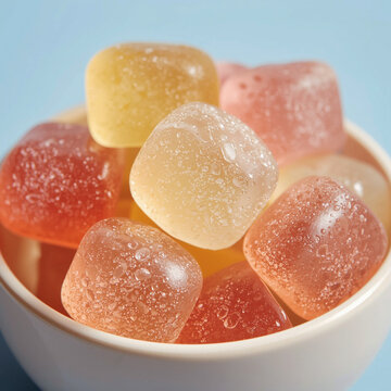 Macro close-up of pastel colored vitamin gummies with dew drops in white bowl