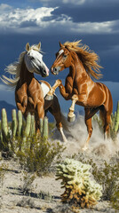 Powerful desert stallions charge and collide near cacti 32k, full ultra hd, high resolution