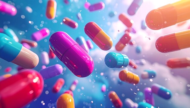 Multicolored capsules float amidst clouds against a sky backdrop, a whimsical pharmaceutical scene