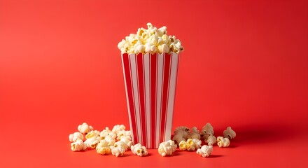 Front view of striped popcorn box with scattered popcorn on vibrant red background minimal cinema snack concept with studio lighting