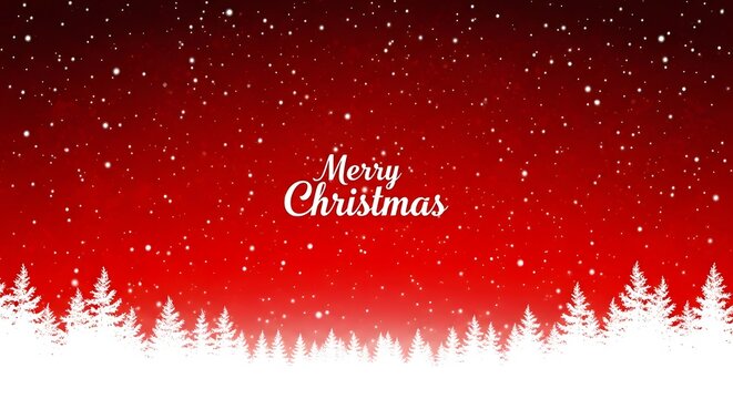 Festive merry christmas greeting card with falling snow and silhouette of pine trees on a red background