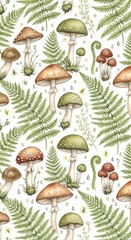 A detailed illustration of various mushrooms and fern leaves arranged in a seamless pattern, showcasing natural elements often found in forest environments