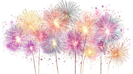 Colorful exploding fireworks illuminate the white background offering excitement for celebration.