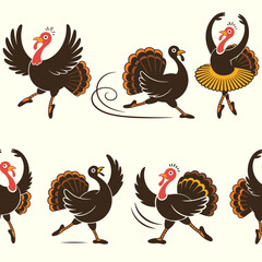 Thanksgiving vector seamless pattern. Dancing turkey digital paper. Funny ballet. Thankful background, wallpaper, backdrop. Ballerina wrapping paper, repeating tile