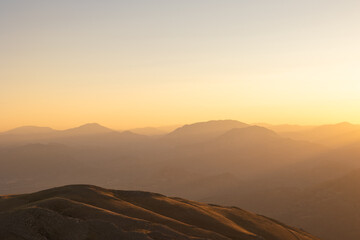 Mount Nemrut's west terrace's landscape at sunset.