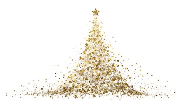 Golden christmas tree made of stars on a white background with a golden star on top of the tree