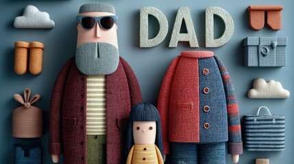 A stylized representation of a father and child with the word "DAD" and gift boxes, celebrating Father's Day.