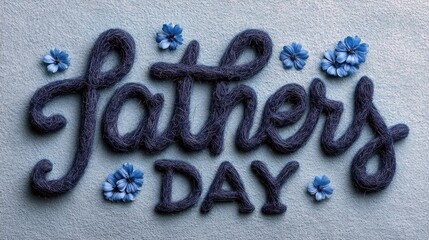 The words "Father's Day" are spelled out in thick, dark blue yarn letters, adorned with small blue flowers against a textured light blue surface.