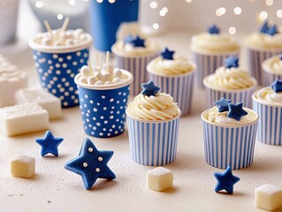 A collection of sweet treats including cupcakes with white frosting and blue star decorations, and cups filled with marshmallows.