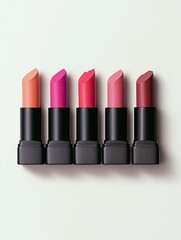 A collection of five lipsticks in different shades of pink and red are neatly arranged in a row on a clean white surface.