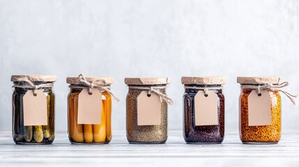 A collection of five glass jars containing preserved food items like pickles, carrots, and seeds, each sealed with paper and twine.